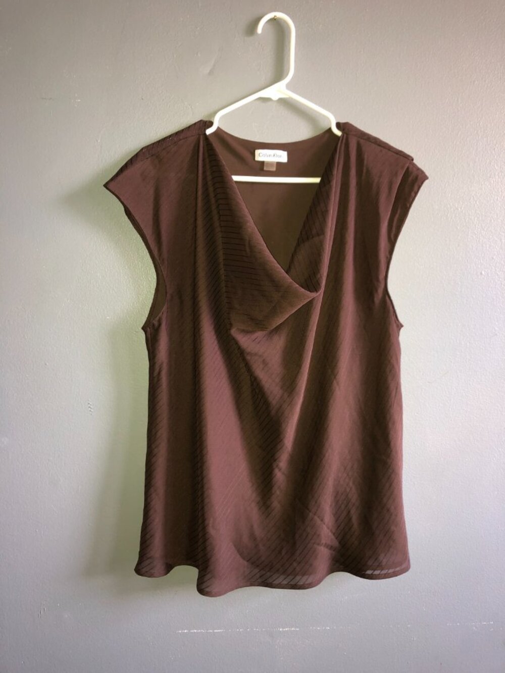 Calvin Klein Womens Cowl Neck Shadow Stripe Brown Sleeveless Blouse XLarge